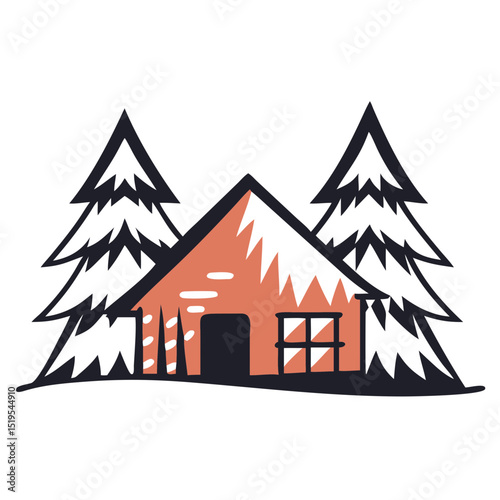 Cozy cabin nestled among snowy pine trees in a tranquil winter setting with soft morning light illuminating the scene