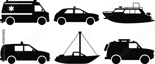 A collection of black silhouette vehicles including an ambulance cars and boats on a white background