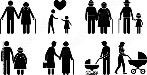 Family Life Icons Set - Generations, Relationships, and Parenthood Silhouettes
