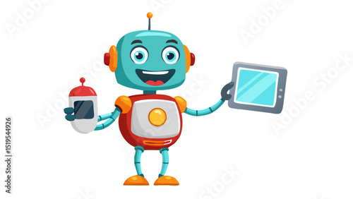 Cheerful cartoon robot holding a smartphone and tablet in a fun, colorful design for kids and technology enthusiasts