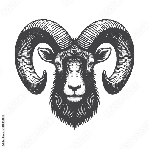 Vintage Hand-Drawn Mouflon Head With Curious Look Illustration, Wildlife Animal Engraved Style Vector for T-Shirts and Nature Expression Themes Design