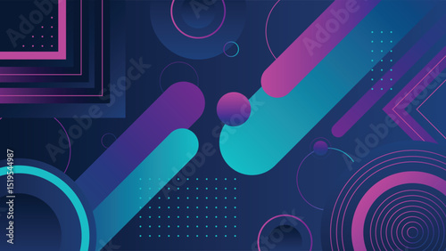 Modern abstract background featuring colorful gradient circles diagonal lines and geometric shapes on a dark blue layout ideal for tech and creative designs