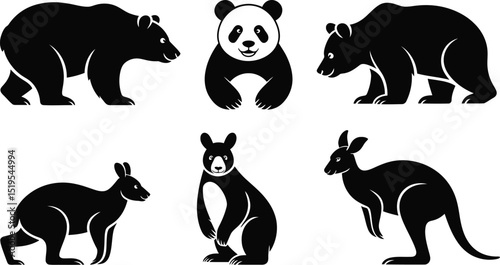 A collection of animal silhouettes featuring bears panda and kangaroos in black and white vector format