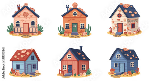 Cartoon coastal houses with seashells