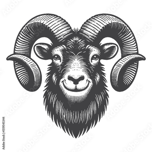 Vintage Hand-Drawn Mouflon Head with Happy Smile Illustration – Wild Animal Engraved Style Vector for T-Shirts, Posters, Stickers, and Cheerful Nature-Themed Apparel