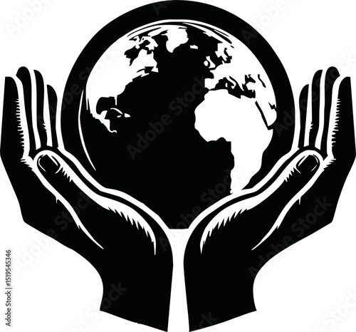 Silhouette of hands holding earth
 vector isolated on white background