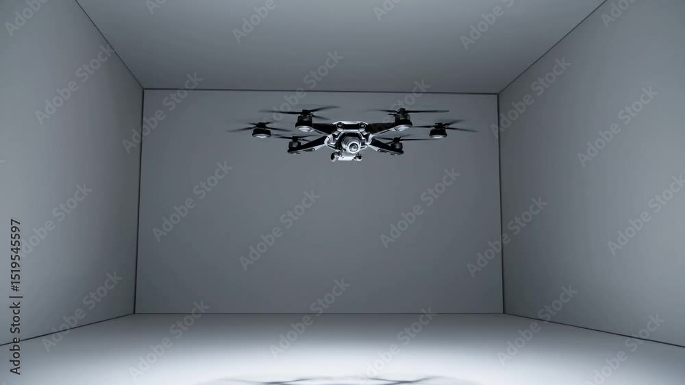 Flying drone hovers in a closed room with smooth gray walls under controlled lighting. Visible rotor blades in motion. Concept of technology and testing space

