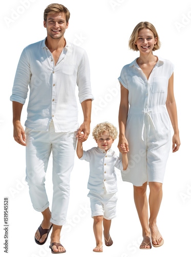 Family with small child on transparent background hold hands. Mother, father and boy in white clothes on vacation in png