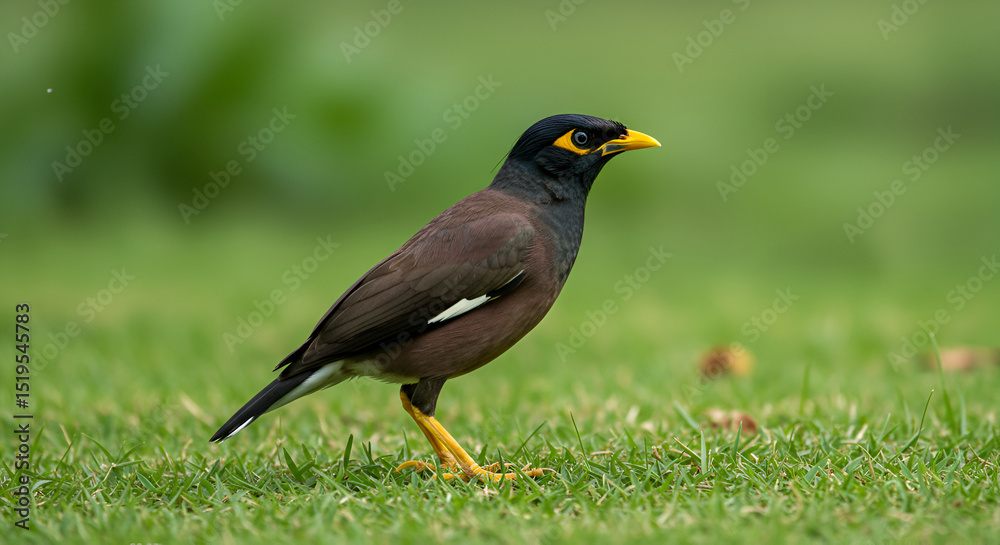 Fototapeta premium Common Myna Bird on Lush Green Grass
