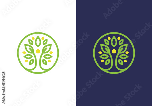 new nature logo vector design template line art tree and human or person inside circle, abstract tree logo symbol inside circle with human combination
