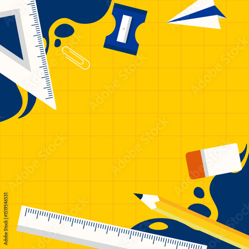 A yellow background with a ruler, pencil, and eraser. The ruler is on the left side of the background, the pencil is on the right side, and the eraser is in the middle