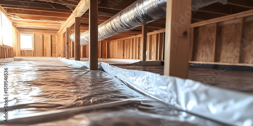 Fototapeta Naklejka Na Ścianę i Meble -  Modern encapsulated crawl space with vapor barrier and insulated ductwork, showcasing energy efficiency, moisture protection, and basement waterproofing