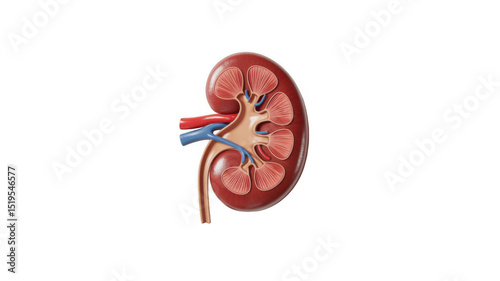 Realistic 3d rendering of a human kidney showing renal artery, renal vein and ureter, isolated on transparent background, perfect for medical illustrations and educational projects