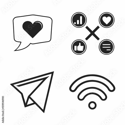User interface icon set for social apps – heart, comment, share, bookmark, message, notification – black vector, pixel perfect design."
