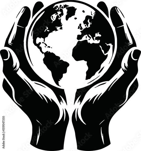 Silhouette of hands holding earth
 vector isolated on white background