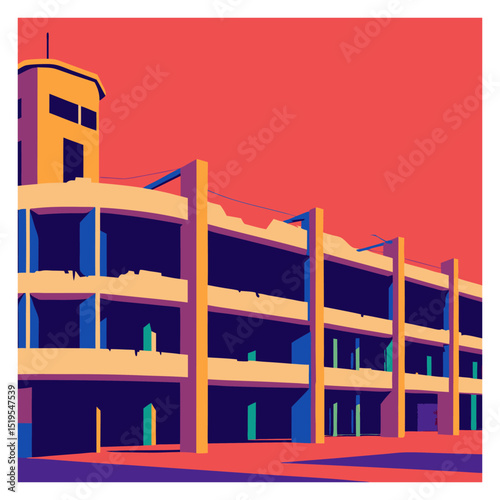 Unfinished Building in a Debris-Strewn Landscape