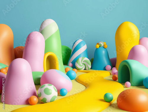 a candy land theme park, oversized lollipops, chocolate rivers, dreamy pastel colors, whimsical and sweet,
