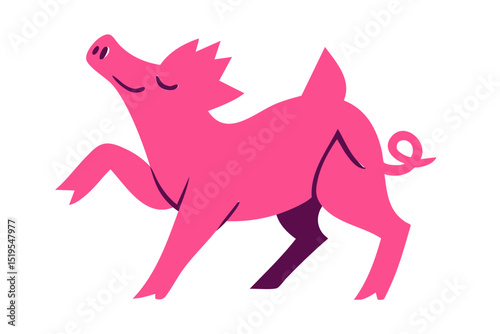 Pig illustration, colorful minimalist style, mid-century modern, childlike shapes, whimsical character design, no outlines, solid colors, stylized proportions