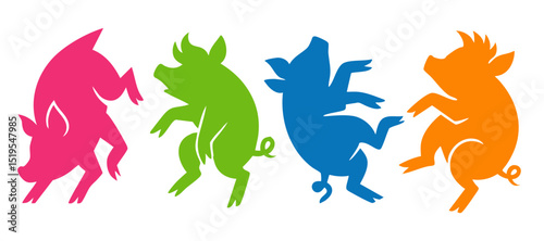 Pig illustration, colorful minimalist style, mid-century modern, childlike shapes, whimsical character design, no outlines, solid colors, stylized proportions