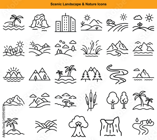 Assorted Scenic Landscape and Nature Icon Set featuring Mountains, Beaches, and Cityscape Elements