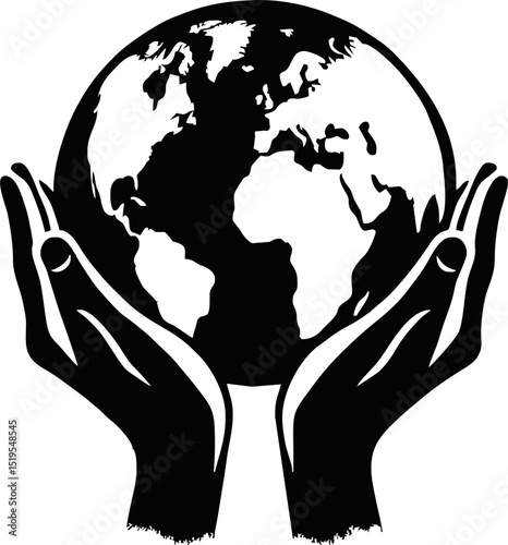 Silhouette of hands holding earth
 vector isolated on white background