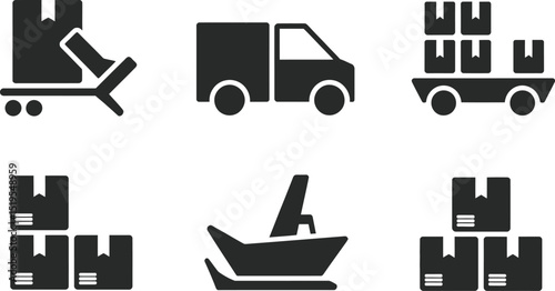Illustration of shipping and delivery icons including truck boat and boxes on carts and stacked up
