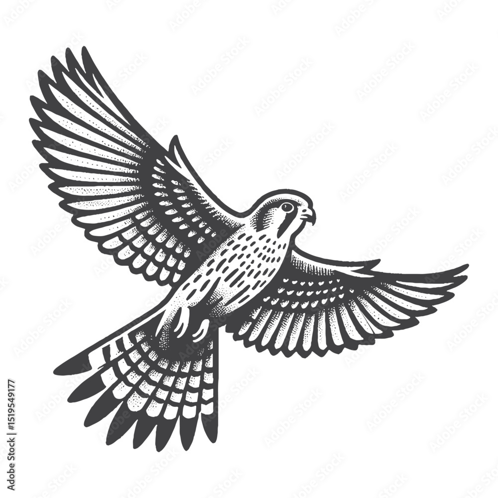 Obraz premium Vintage Hand-Drawn Lesser Kestrel Gliding Gracefully Illustration – Bird Wildlife Engraved Style Vector for T-Shirts, Posters, Stickers, and Nature Flight Themes Apparel