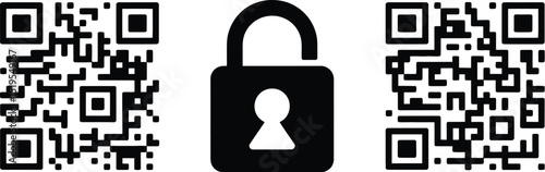 Two qr codes flanking a central black padlock on a white background security and encryption concept