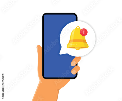 Smartphone with notification. Hand holds phone with notification. Alert message on smartphone screen. Notification concept of new message or other notice. Smartphone with bell icon