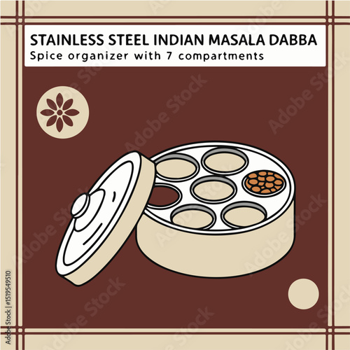 Traditional Stainless Steel Indian Spice Box (Masala Dabba) with 7 Compartments – Illustrated Kitchen Organizer
