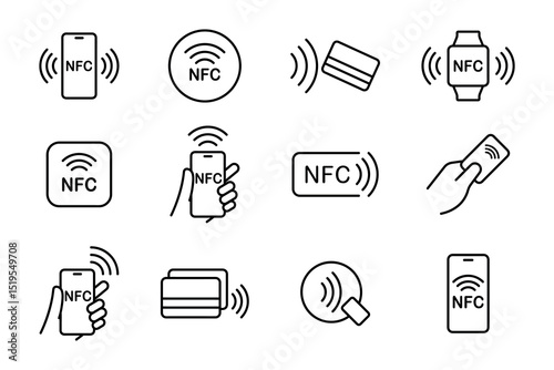 Nfc icon set. Contactless wireless pay sign logo. NFC payments icon for apps. Contactless NFC payment sign. NFC payment with smartphone icons. Vector illustration
