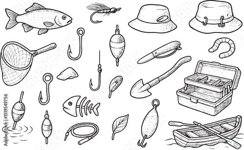 A hand-drawn sketch of a fishing scene with gear like hooks, nets, a rod, bobbers, a tackle box, and a rowboat, capturing the essence of an outdoor fishing adventure