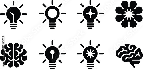 Collection of black and white icons featuring light bulbs brains and a flower in a simple design style