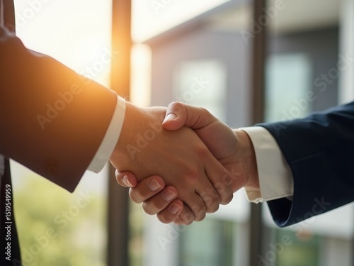 Two men shake hands in a business meeting. The handshake is a symbol of agreement and trust. The men are dressed in suits. The setting is a window