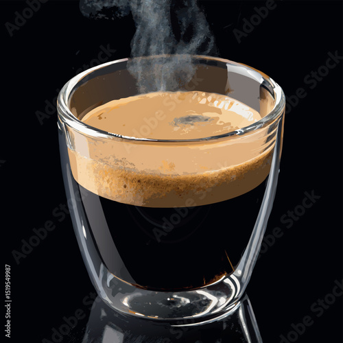 Aromatic double shot espresso in a clear glass with steam against a dark background