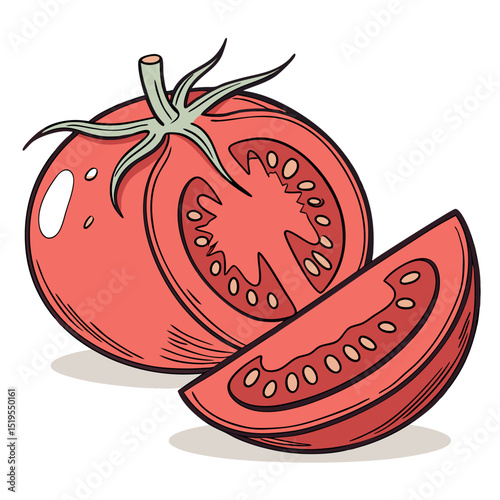 Hand drawn ripe red tomato cut open with slice showcasing the juicy details