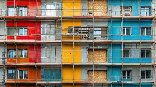 Apartment Block Under Construction with Scaffolding and Building Materials