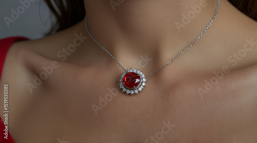 A silver necklace with a red gemstone pendant and a halo of smaller diamonds,generative.ai
