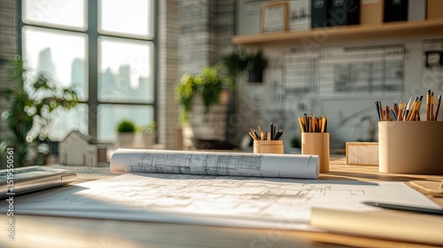 Architectural desk with blueprints, model buildings, and drafting tools at construction project planning site