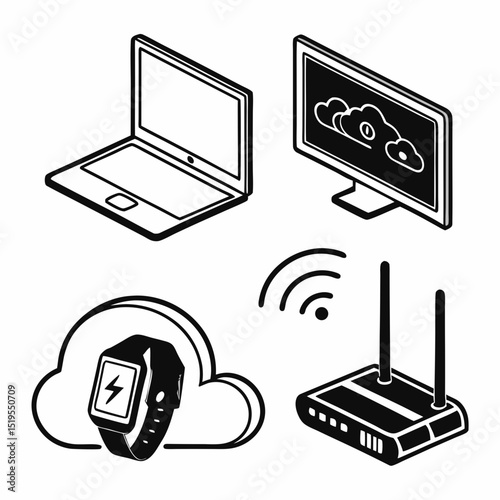 Tech gadget vector icon set in black – smartphone, computer, smartwatch, USB, router, cloud – outline style, modern feel
