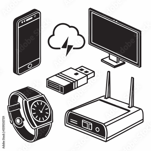 Tech gadget vector icon set in black – smartphone, computer, smartwatch, USB, router, cloud – outline style, modern feel
