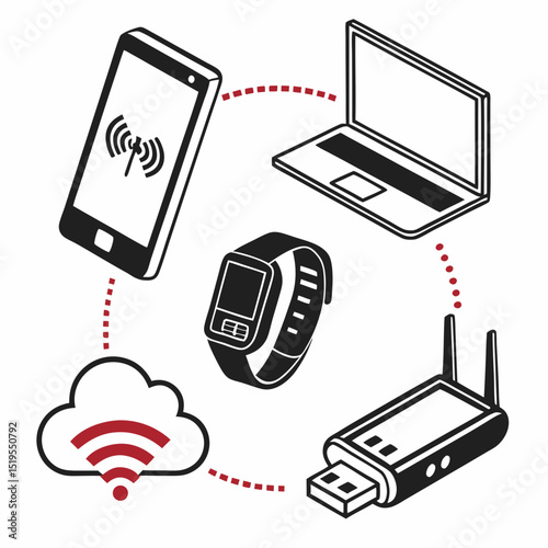 Tech gadget vector icon set in black – smartphone, computer, smartwatch, USB, router, cloud – outline style, modern feel
