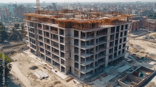 Apartment Block Under Construction with Scaffolding and Building Materials