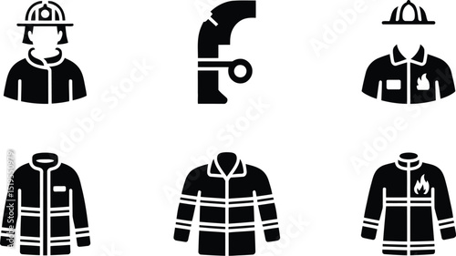 A collection of black silhouette icons depicting firefighters and related equipment on a white background