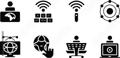 A collection of eight black and white icons representing technology and communication concepts in a grid layout