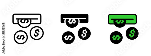 Payment icon. Three dollar coins being dispensed from an ATM or cash terminal vector. Represents money transaction, banking or withdrawal process symbol. Currency and finance concept sign.