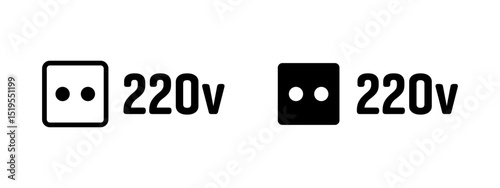 Socket icon. Electrical outlet with two circular holes and "220v" voltage label vector illustration. Power supply point symbol. Electricity connection sign. Energy plug pictogram.