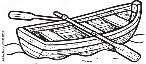 A hand-drawn sketch of a rowboat with oars, perfect for a serene fishing trip on the water