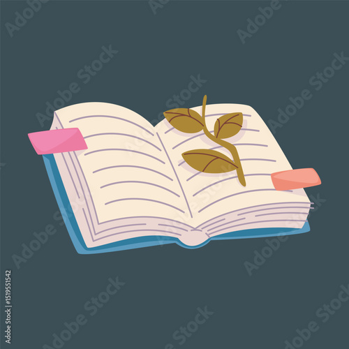 opened book with plant as bookmark in isolated background