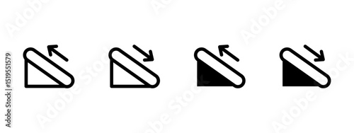 Escalator icon. Inclined escalators with arrows indicating up and down directions vector illustration. Common transport feature in malls and metro stations. Directional movement signage.